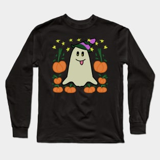 Halloween Cute Ghost With Pumpkin Long Sleeve T-Shirt